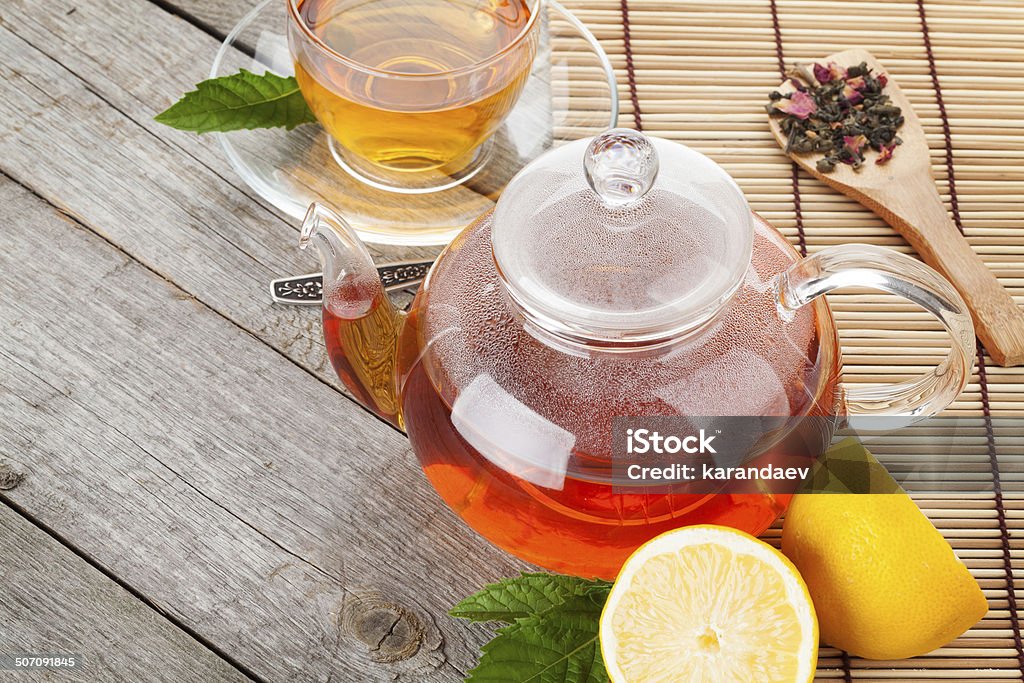 Green tea with lemon and mint Green tea with lemon and mint on wooden table. Closeup with copy space Backgrounds Stock Photo