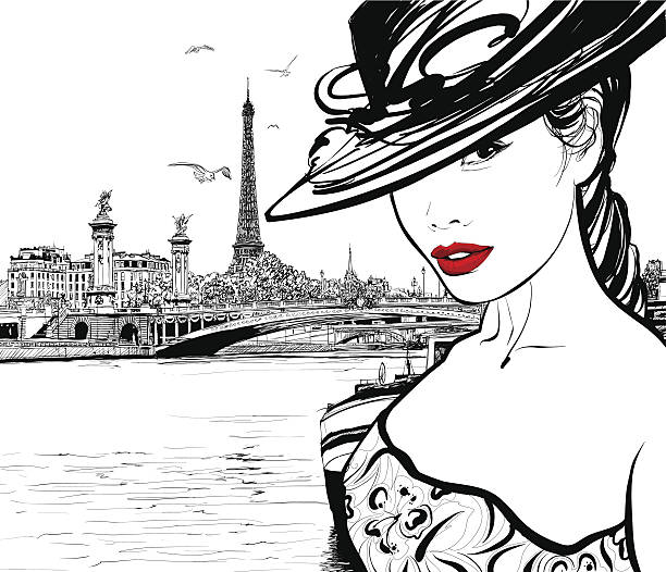 Young woman near the Seine river in Paris Young woman near the Seine river in Paris with Eiffel tower in the background - Vector illustration paris red lips stock illustrations