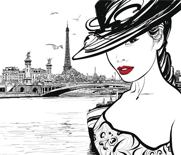 Vector illustration of Young woman near the Seine river in Paris