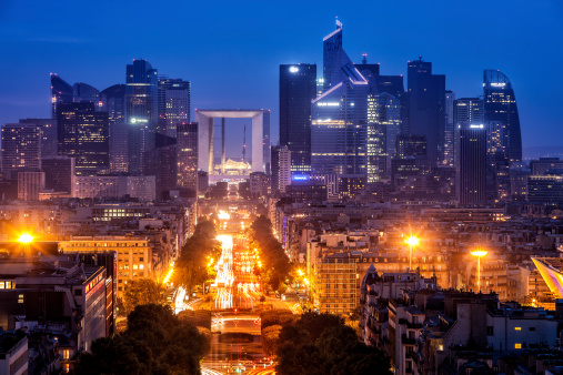 Paris City View with La Defense Financial District at Dusk