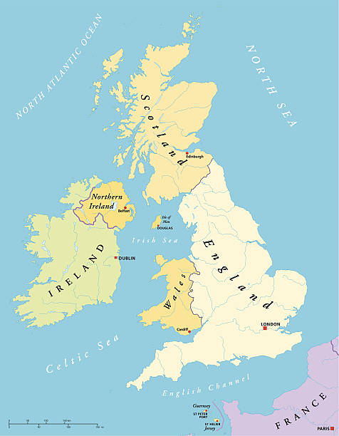 British Isles Map British Isles with capitals, national borders, rivers and lakes. Illustration with English labeling and scaling. channel islands england stock illustrations