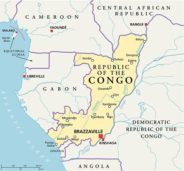 Republic of the Congo Political Map Political map of the Republic of the Congo with capital Brazzaville, with national borders, most important cities, rivers and lakes. Illustration with English labeling and scaling. kinshasa stock illustrations
