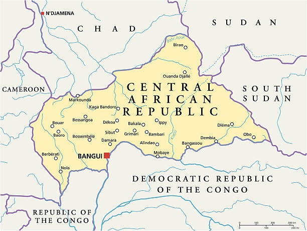 illustrazioni stock, clip art, cartoni animati e icone di tendenza di repubblica centrafricana mappa politica - republic of the sudan