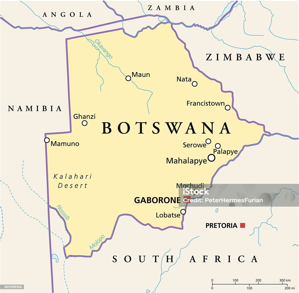 Botswana Political Map Political map of Botswana with capital Gaborone, with national borders, most important cities, rivers and lakes. Illustration with English labeling and scaling. Botswana stock vector