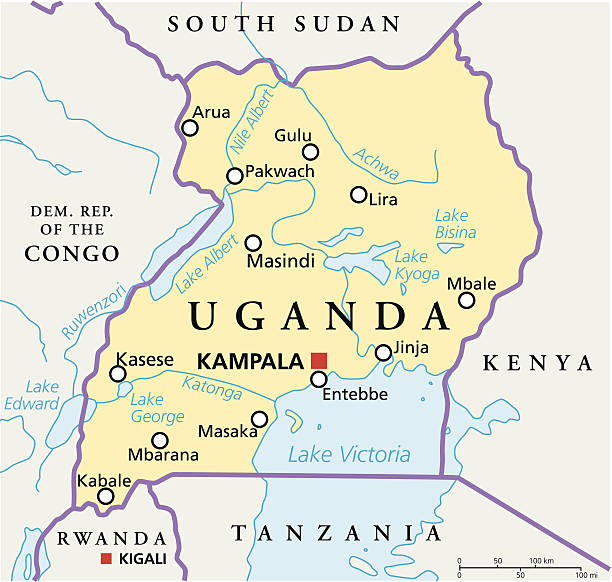Uganda Political Map Political map of Uganda with capital Kampala, with national borders, most important cities, rivers and lakes. Illustration with English labeling and scaling. uganda stock illustrations