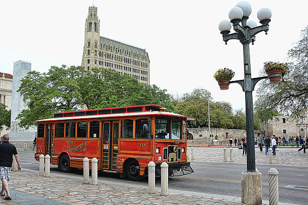 Bar Harbor, ME, USA, 8.19.23 - The trolley bus that takes tourists around Bar Harbor.