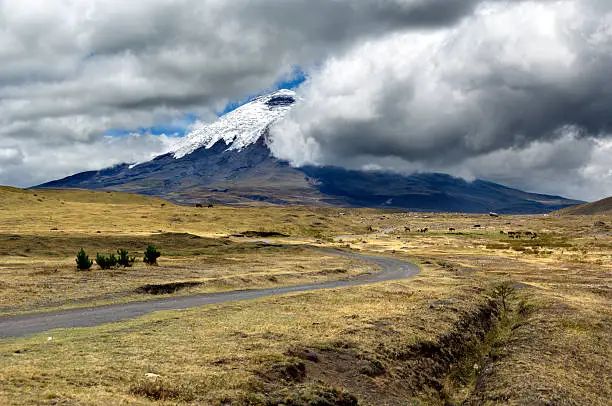 Road in the "Parque Nacional Cotopaxi" with the volcano in the background. The Cotopaxi is the third highest active volcano in the world. It raises 19388 feet (5911 m) above the sea level. Its peak is a popular destination for climbers. It is located in Ecuador near Quito.