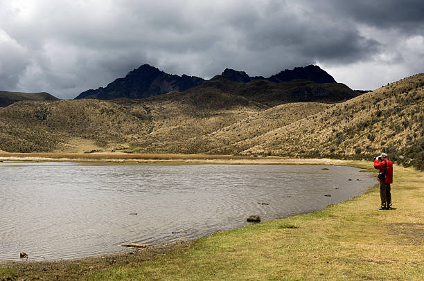 Parque Nacional Cotopaxi, Ecuador - October 26, 2006: A tourist photographing lake \