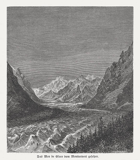 ilustrações, clipart, desenhos animados e ícones de mer de glace, maior geleira de france, publicado em 1882 - glacier mountain ice european alps