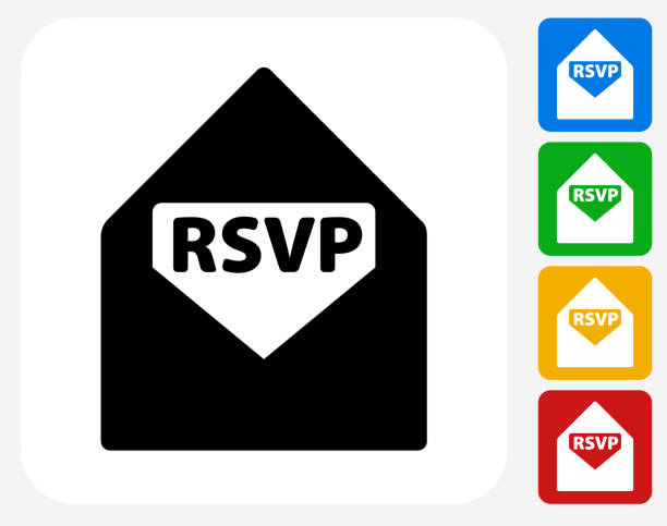 RSVP Icon Flat Graphic Design RSVP Icon. This 100% royalty free vector illustration features the main icon pictured in black inside a white square. The alternative color options in blue, green, yellow and red are on the right of the icon and are arranged in a vertical column. rsvp stock illustrations