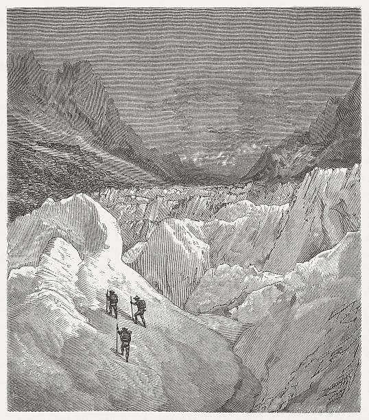 ilustrações, clipart, desenhos animados e ícones de alpinistas uma geleira, entalhes de madeira, publicado em 1882 - glacier mountain ice european alps