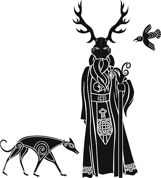 Druid with ritual mask, wolf and a bird vector art illustration