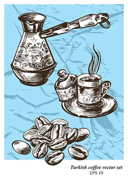 Vector illustration of Turkish coffee vector set. Hand drawn illustration. Vintage styl