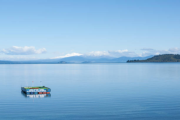 Taupo, New Zealand - July 24, 2014: Lake Taupo, hole in one floating platform on calm lake with view across lake to snowcapped mountains.