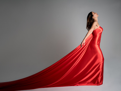 Beautiful fashion model in a red dress with a long tail - beauty concepts