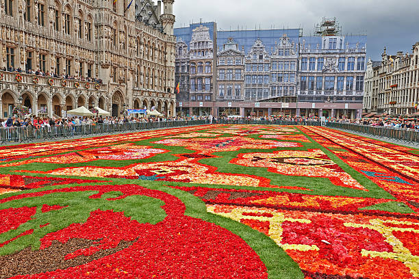 alfombra de gigante en el grand place en bruselas - brussels belgium arranging majestic fotografías e imágenes de stock