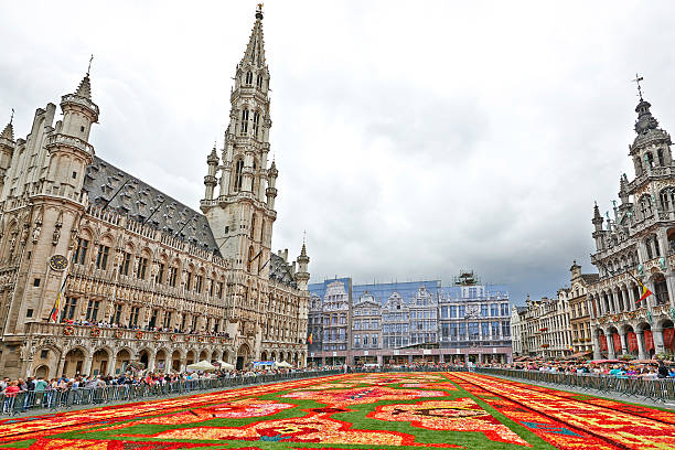 tappeto gigante presso grand place di bruxelles - brussels belgium arranging majestic foto e immagini stock