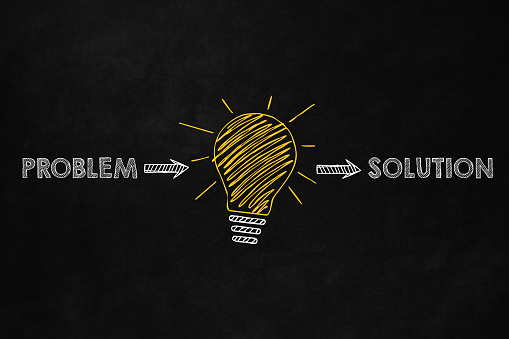 A conceptual problem solving design. Ability to solve problem. A big yellow lightbulb indicates an idea to solve problems.