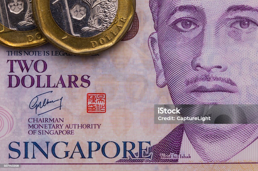 Singapore banknotes and coins Detail of Singapore banknotes and coins, close-up Asia Stock Photo