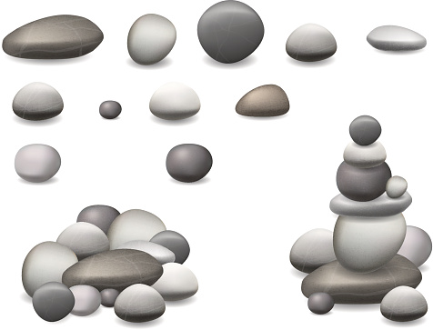 Set pebbles and natural stones of different shapes and colors. With examples of use. Vector realistic illustration, isolated on white background.