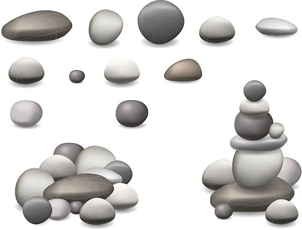 stone pebbles set isolated Set pebbles and natural stones of different shapes and colors. With examples of use. Vector realistic illustration, isolated on white background. pebble stock illustrations