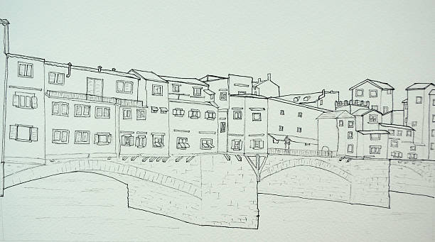 illustrations, cliparts, dessins animés et icônes de encre line-drawing sur le ponte vecchio à florence, italie - florence italy ancient past architecture