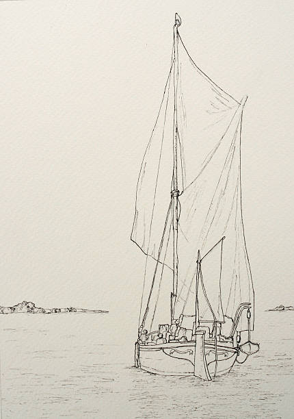 ilustrações de stock, clip art, desenhos animados e ícones de linha de tinta desenho de uma vela spritsail barcaça - river orwell