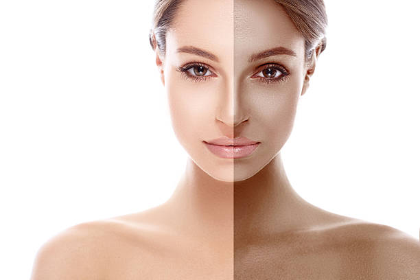 istock Beautiful woman face close up before after isolated on white 507146322