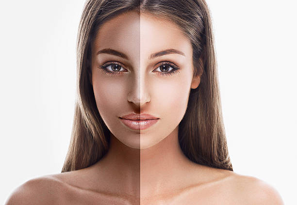 istock Beautiful woman face close up before after isolated on white 507146376