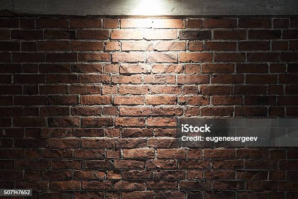 Grungy Dark Red Brick Wall With Spotlight Texture Stock Photo - Download Image Now - Brick Wall, Night, Abstract