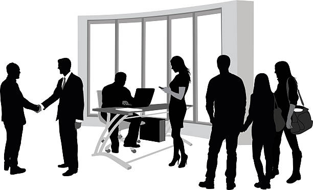 ilustraciones, imágenes clip art, dibujos animados e iconos de stock de escuela administración servicios - receptionist office silhouette business