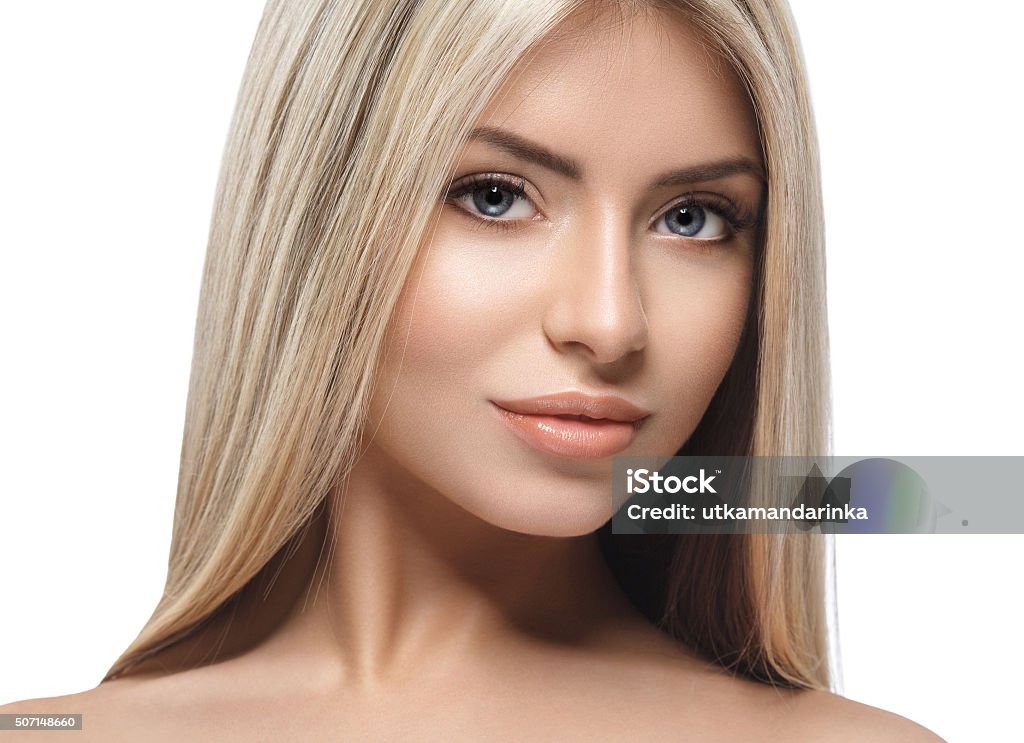 Blonde woman beauty portrait close-up isolated on white Beautiful woman face portrait beauty concept with healthy skin and blond hair Adult Stock Photo