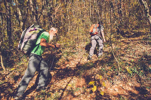 Photo of Senior Caucasian Paraglider and Photographer Walking in Forest, Alps, Europe