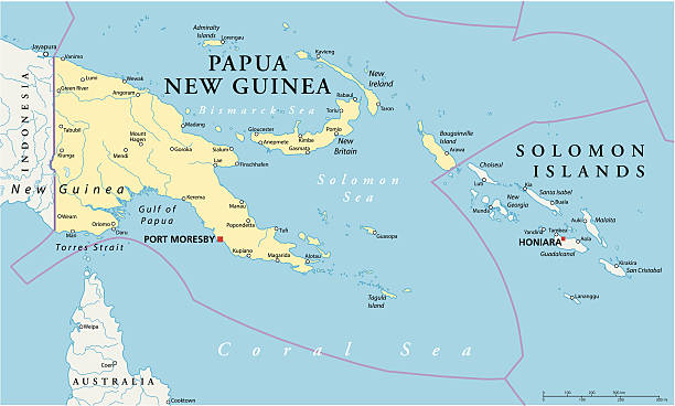 Papua New Guinea Political Map Political map of Papua New Guinea with capital Port Moresby, national borders, most important cities, rivers and lakes. Illustration with English labeling and scaling. new britain island stock illustrations
