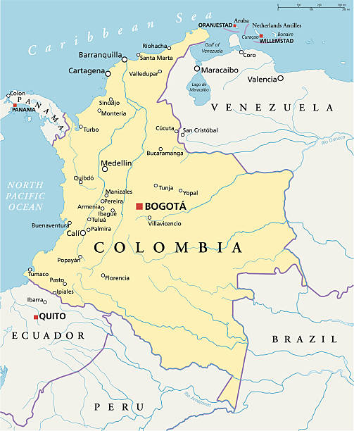 Colombia Political Map Political map of Colombia with capital Bogota, national borders, most important cities, rivers and lakes. Illustration with English labeling and scaling. colombia stock illustrations