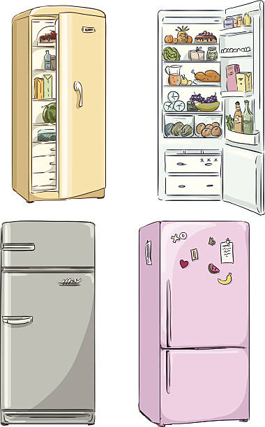 bildbanksillustrationer, clip art samt tecknat material och ikoner med set of four hand drawn cartoon fridges. open fridge - interior objects handdrawn