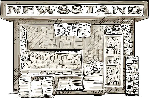 Vector illustration of Newsstand. Hand drawn press kiosk. vector illustration.