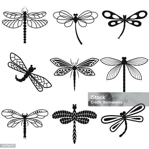 Dragonflies Black Silhouettes On White Background Stock Illustration - Download Image Now - Dragonfly, Tattoo, Vector