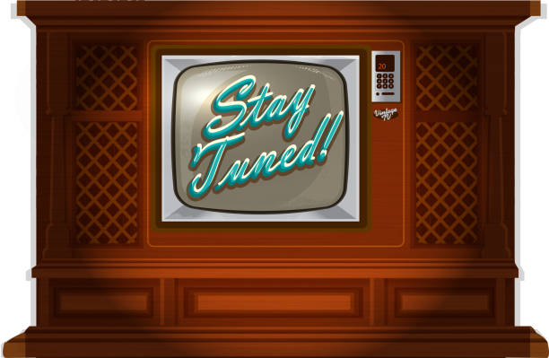 Retro wood television with old fashioned wallpaper Vector illustration of a Retro tv with screen that reads "Stay Tuned'" on white background. Cute wooden tv with lots of details. On wooden legs. Isolated on white with shadow. See my portfolio for similars items with different screens. Entertainment, television show, tv watching, themes associated. Easy to edit and customize screen. stay tuned concept stock illustrations