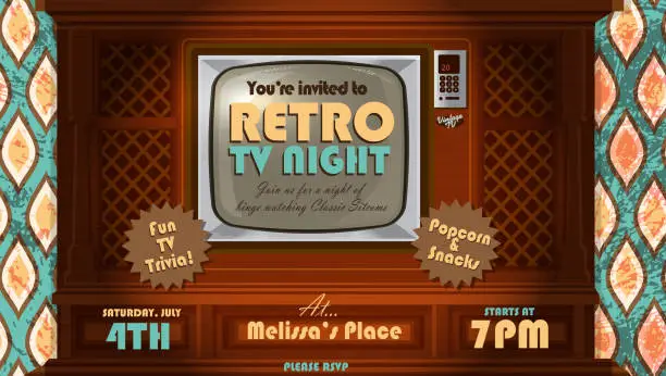 Vector illustration of Retro TV Night invitation design template with vintage wood television