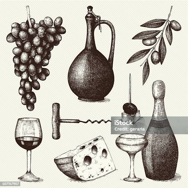 Vector Set Of Ink Hand Drawn Wine And Food Stock Illustration - Download Image Now - Drawing - Activity, Engraved Image, Engraving