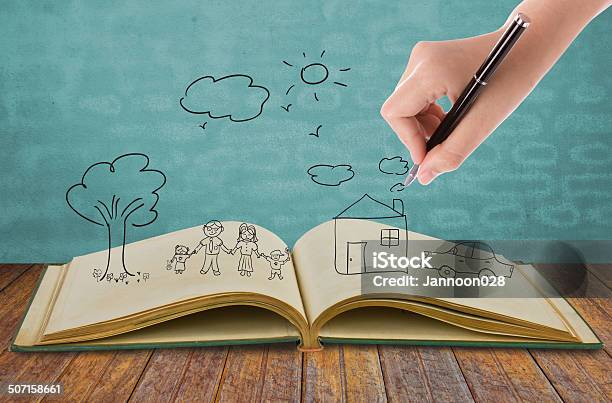 Hand Draw In Open Book Of Lovely Family Stock Photo - Download Image Now - Diary, Mother, Book