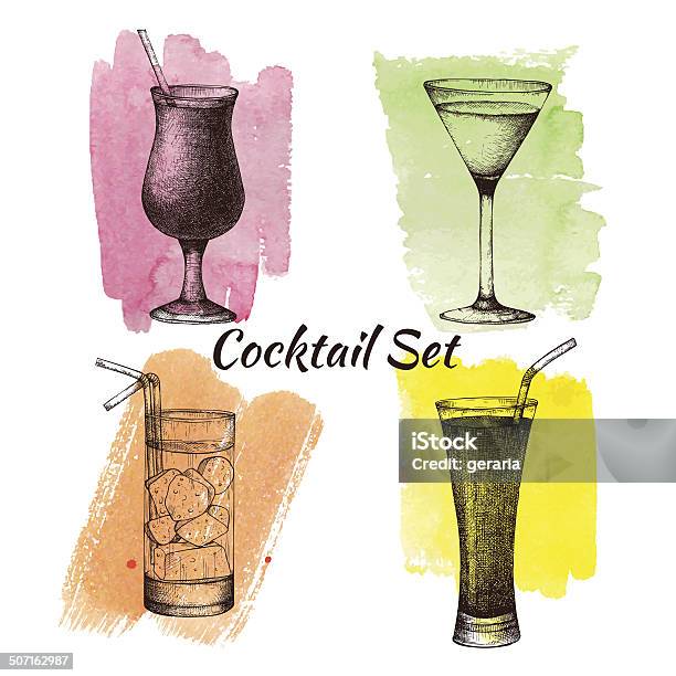 Vector Set Of Ink Hand Drawn Vintage Cocktails Stock Illustration - Download Image Now - Drinking Glass, Glass - Material, Martini