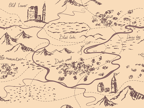 Mountains, buildings, trees, hills, river. Hand drawn fairytale historic treasure map. Seamless background, vector.