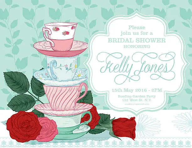 Vector illustration of Botanical Roses Tea Party Bridal Shower Template
