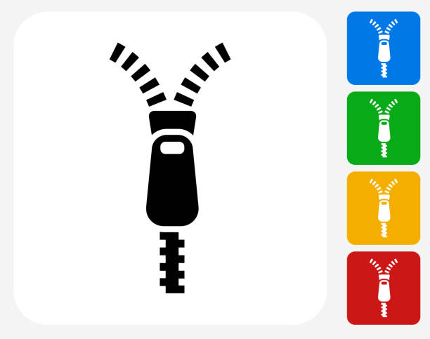 Zipper Icon Flat Graphic Design Zipper Icon. This 100% royalty free vector illustration features the main icon pictured in black inside a white square. The alternative color options in blue, green, yellow and red are on the right of the icon and are arranged in a vertical column. colored zippers stock illustrations