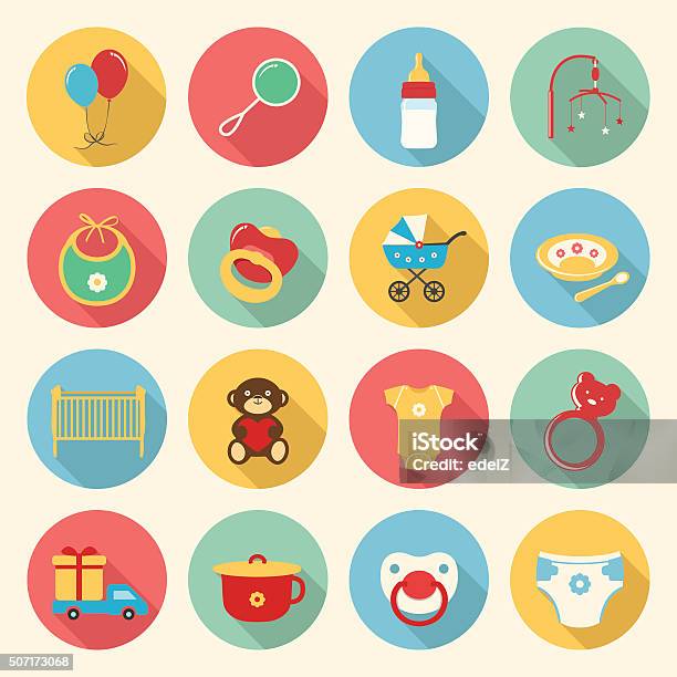 Baby Colorful Flat Design Icons Set Stock Illustration - Download Image Now - Baby - Human Age, Icon Symbol, Diaper