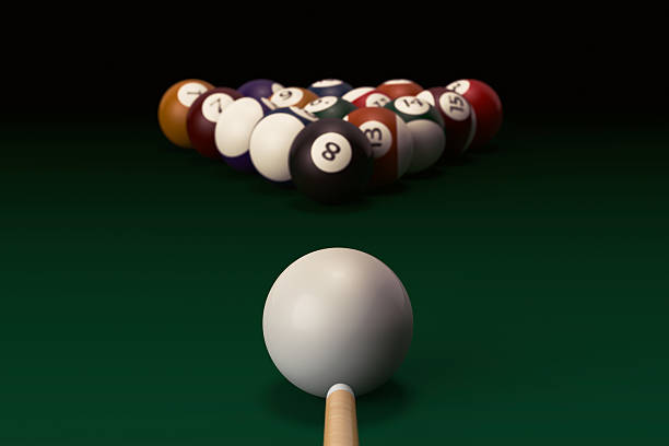 istock Billiard table with balls set and cue 507179438