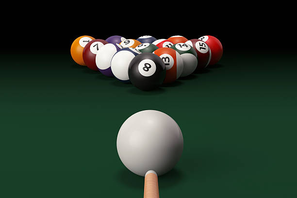 istock Billiard table with balls set and cue 507179460