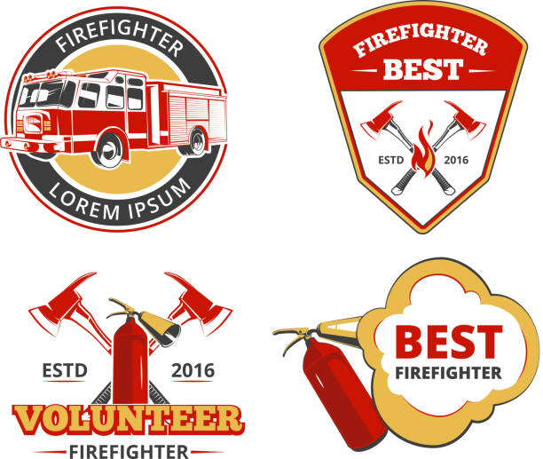 Color firefighter emblems, labels and badges vector set Color firefighter emblems, labels and badges vector set. Volunteer and protection, rescue and safety illustration firefighter shield stock illustrations